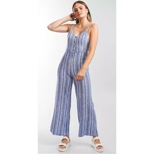 Indigo Rein Woven Striped Jumpsuit wide leg blue lagenlook S linen blend Small